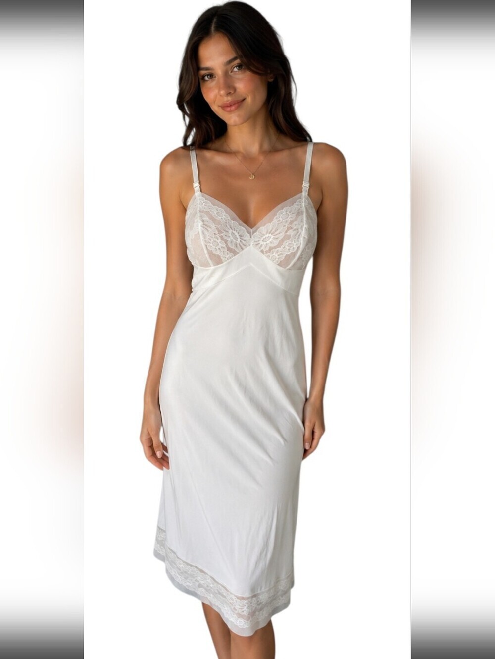 Vintage 1970s Vanity Fair White Lace Full Slip Dress Nylon Bridal Lingerie 34